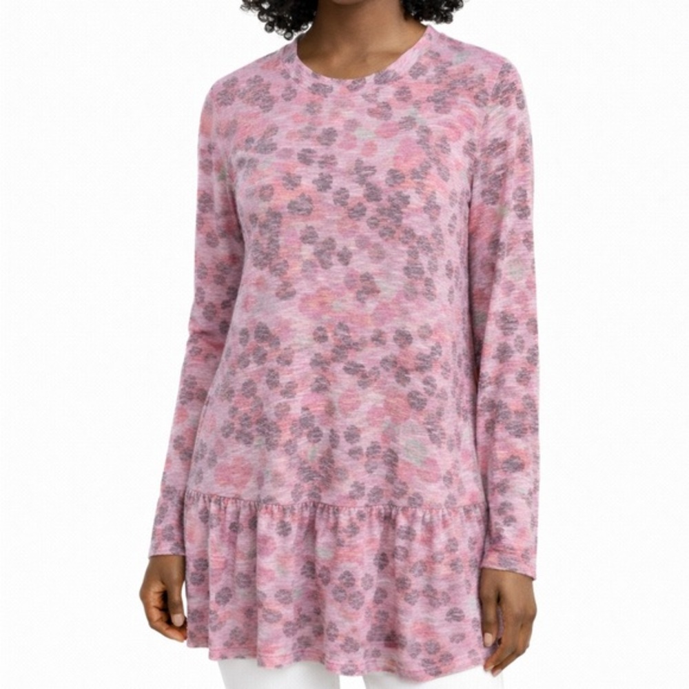 LOGO by Lori Goldstein Pink Abstract Floral Tunic Top Dress Size L Peplum Hem